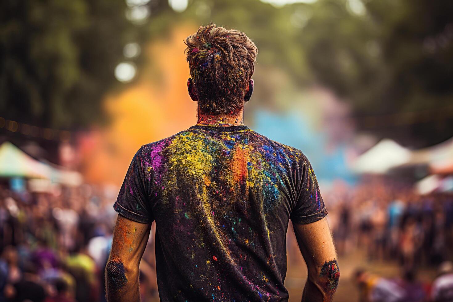 AI generated Rear view of a man in a black T-shirt stained with paint. Festival of colors. Generated by artificial intelligence photo