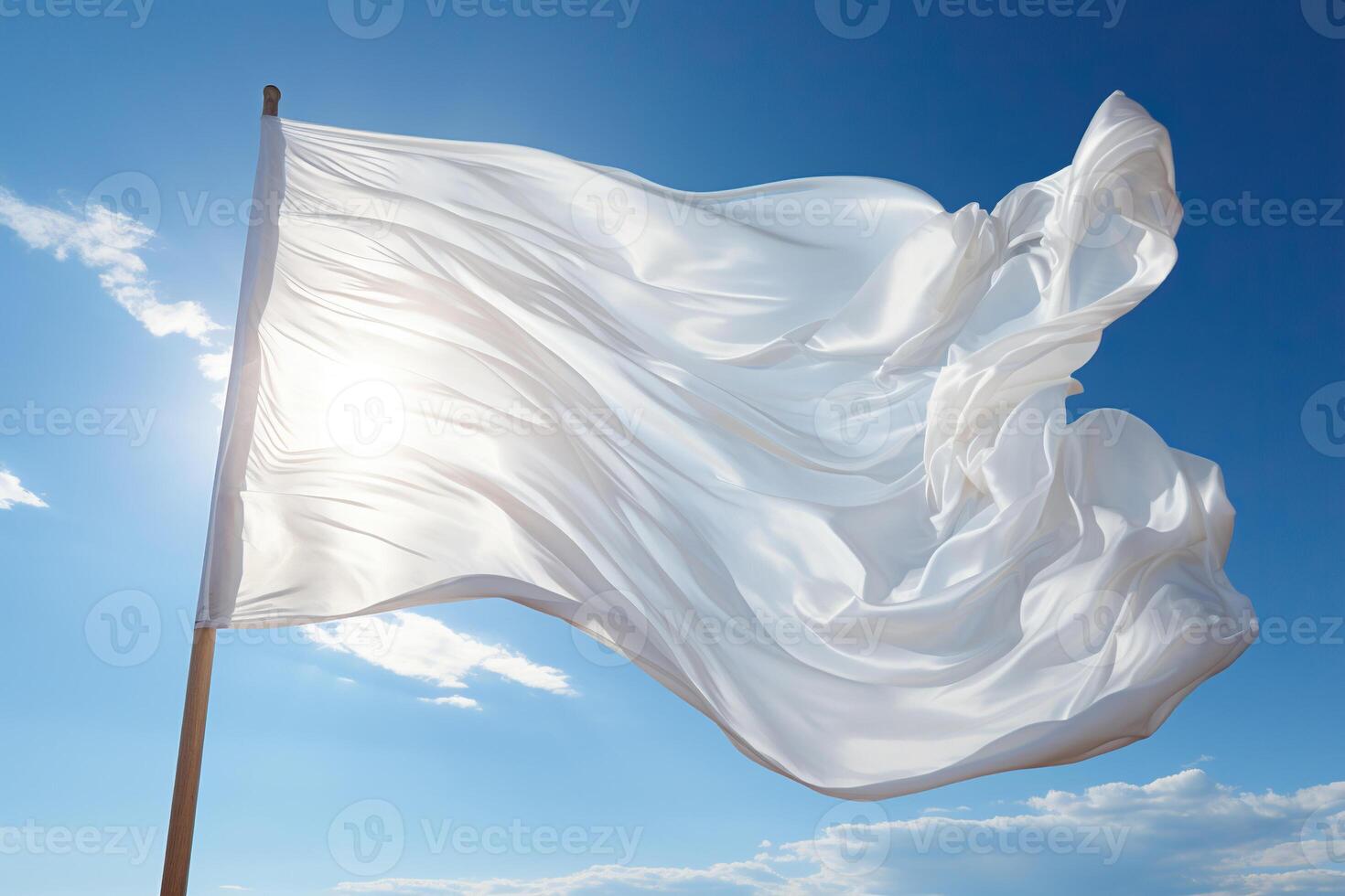 AI generated A clean white flag flutters in the wind in the blue sky. Generated by artificial intelligence photo