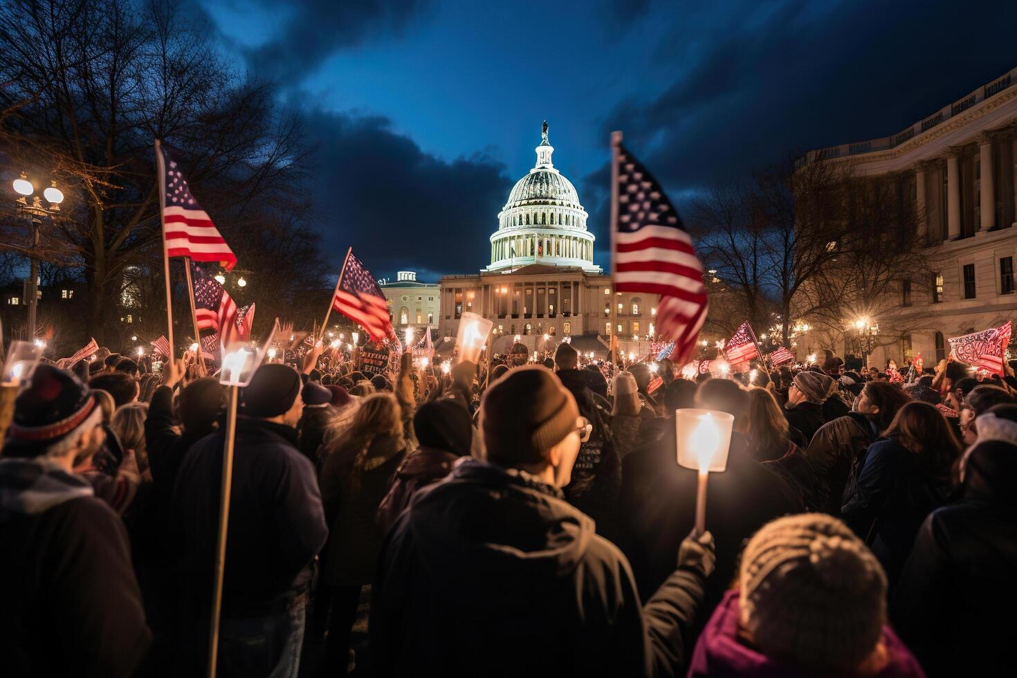 AI generated A crowd of people with US flags and burning candles. Generative AI photo