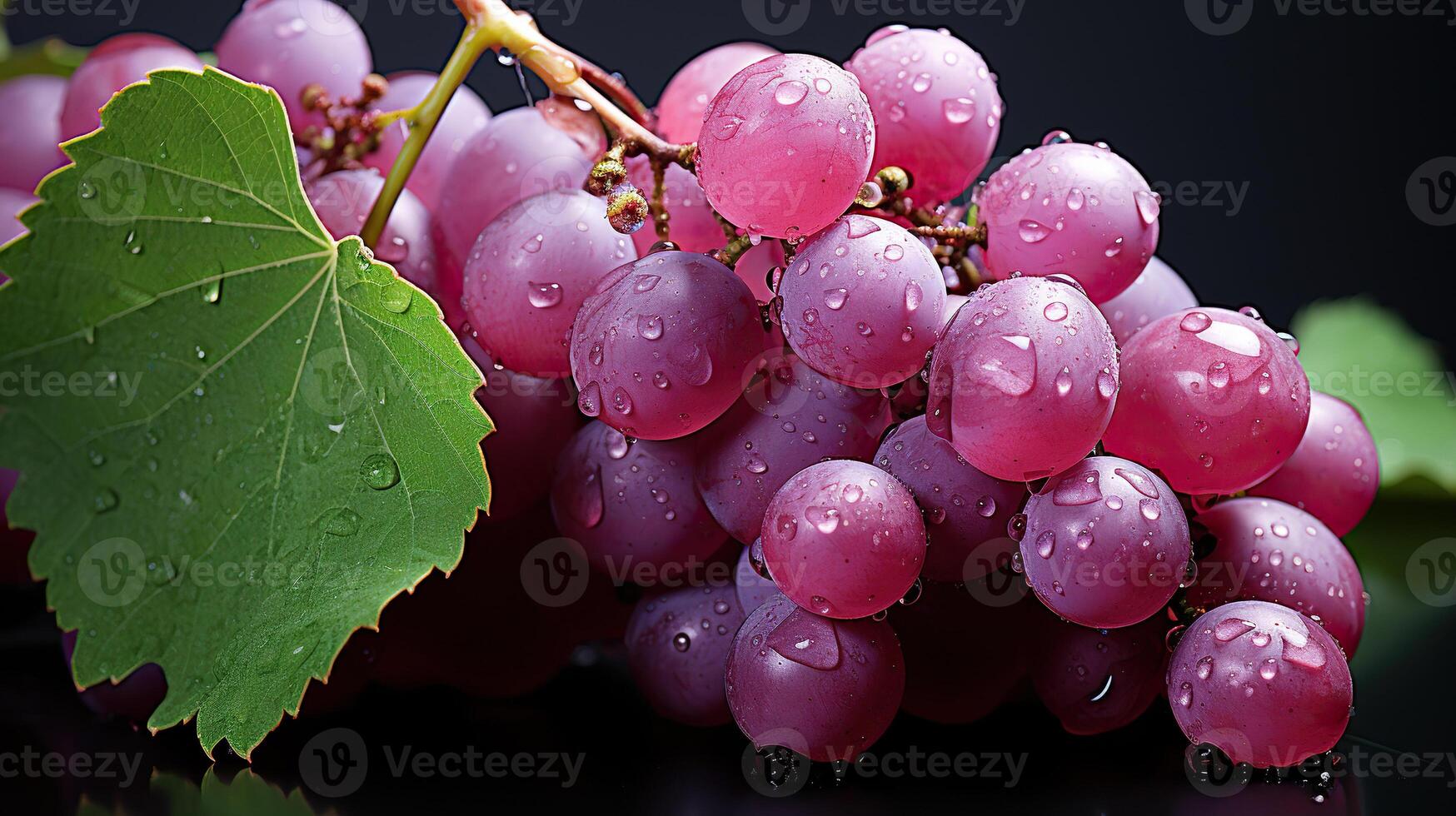 AI generated A bunch of large red grapes with leaves and water drops on a dark background. Generated by artificial intelligence photo
