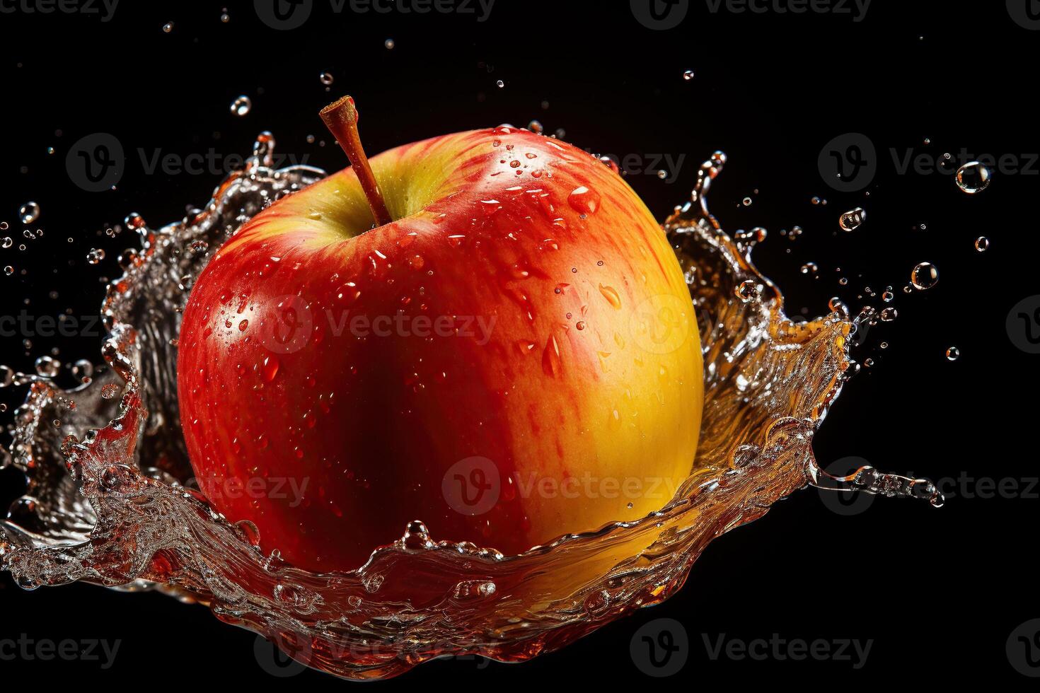 AI generated Ripe juicy red apple in a splash of water. Generated by artificial intelligence photo