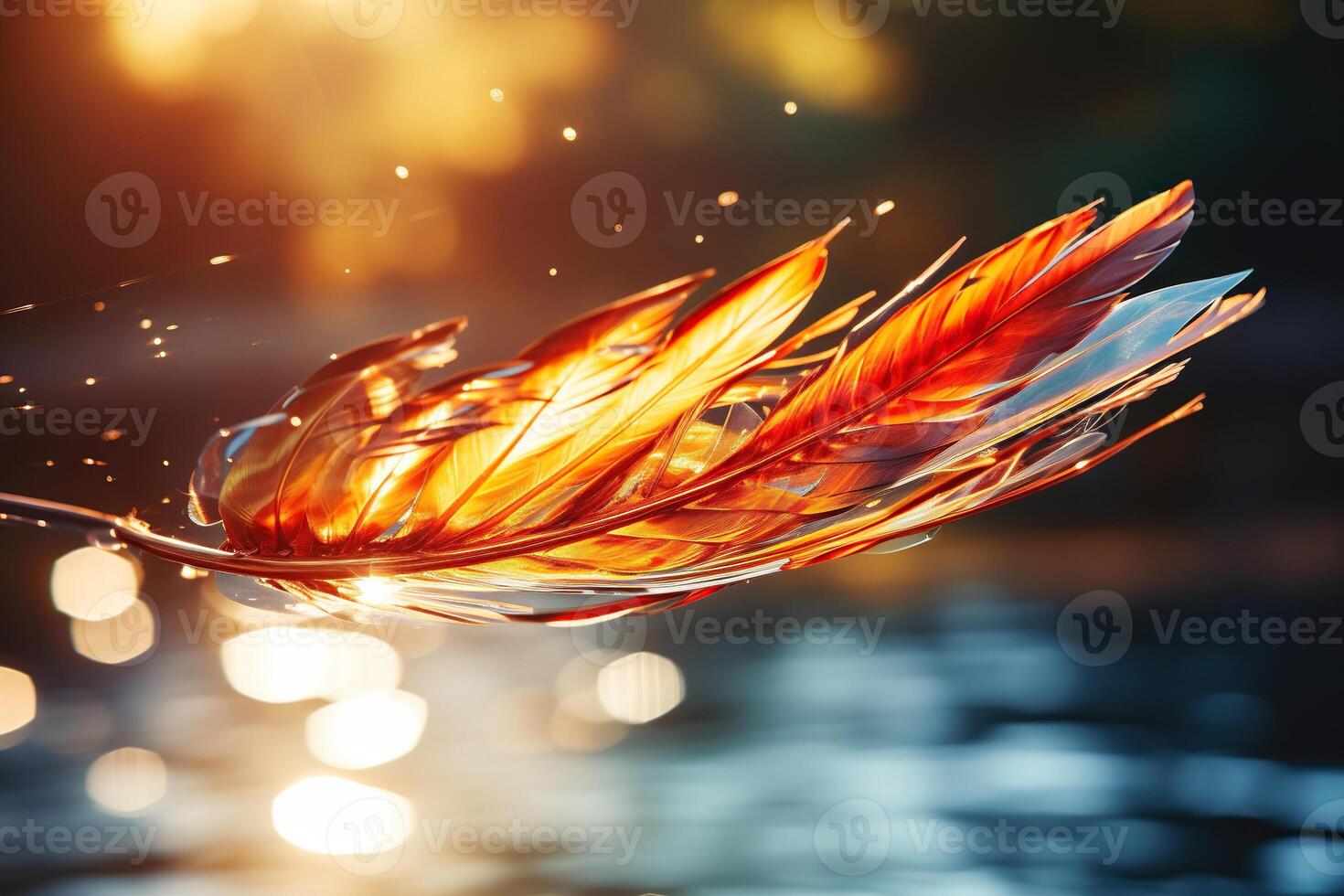 AI generated Bird feather illuminated by the sun over water with bokeh background. Motion photography. Generated by artificial intelligence photo