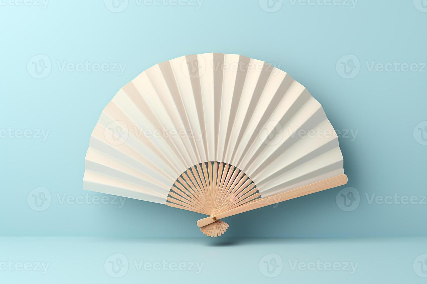 AI generated Wooden white open fan on a blue background. Generated by artificial intelligence photo