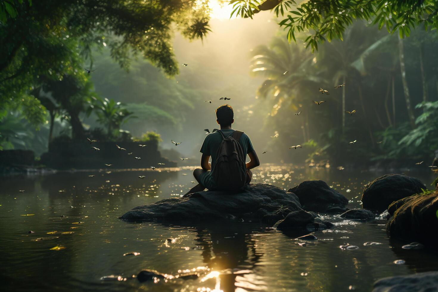 AI generated A man admires nature near a pond in the forest. A man is in harmony with nature. Generated by artificial intelligence photo