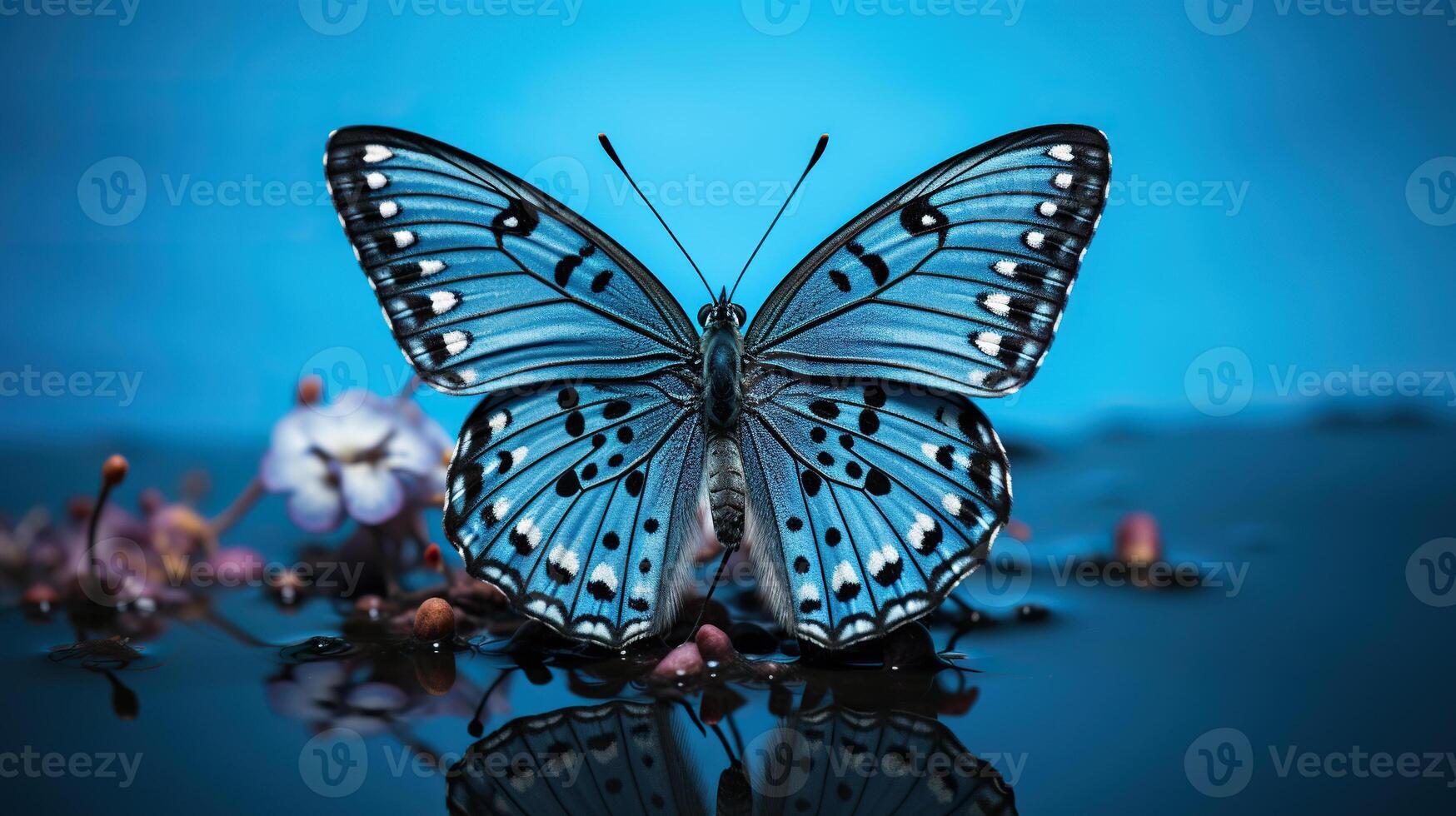 AI generated Beautiful blue butterfly on blue water on a blue bokeh background. Generated by artificial intelligence photo