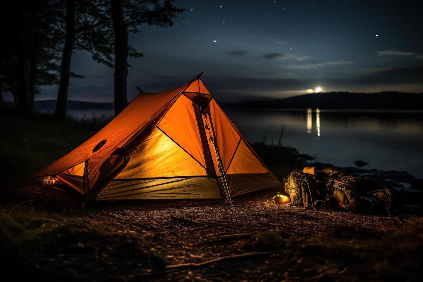 AI generated Tent with light on the bank of a river or lake in the evening. Camping. Created by artificial intelligence photo