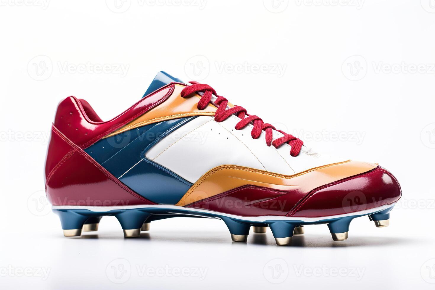 AI generated American football boots in red and blue colors with spikes on a white background. Generated by artificial intelligence photo