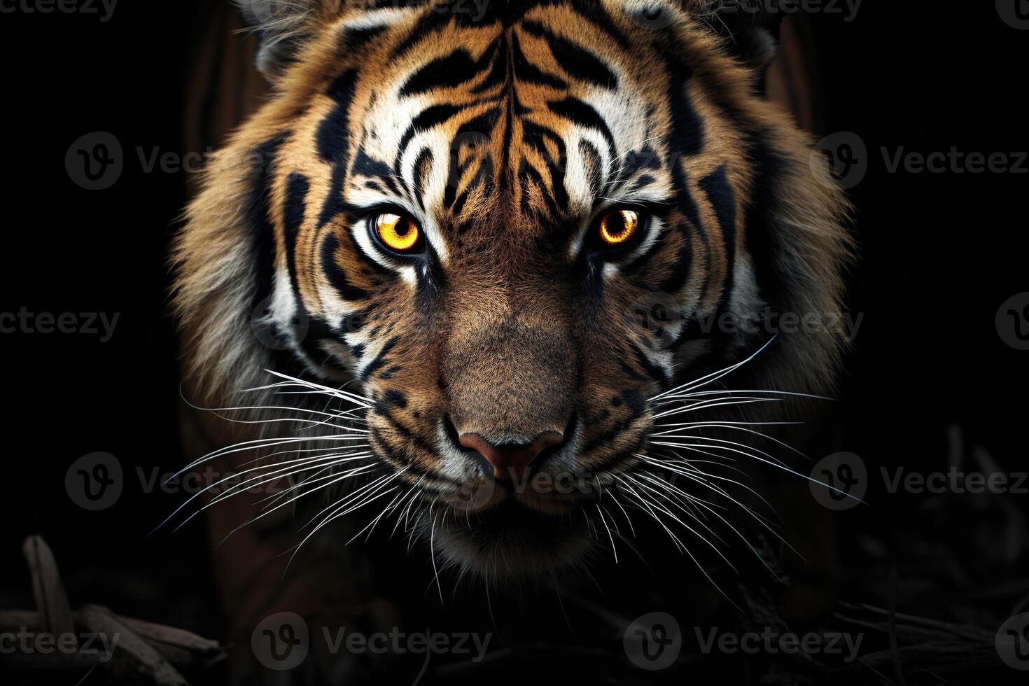 AI generated Portrait of an adult tiger in the darkness of the jungle. Generated by artificial intelligence photo