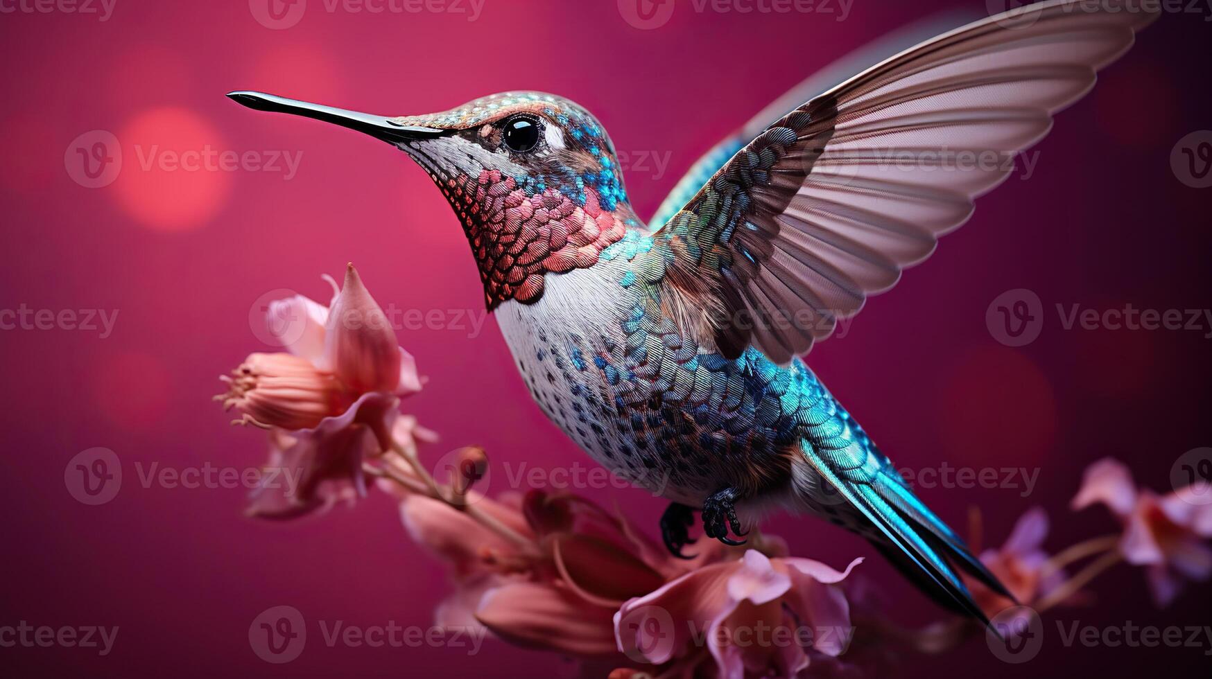AI generated Hummingbird bird takes off on a pink background. Wild nature. Generated by artificial intelligence photo