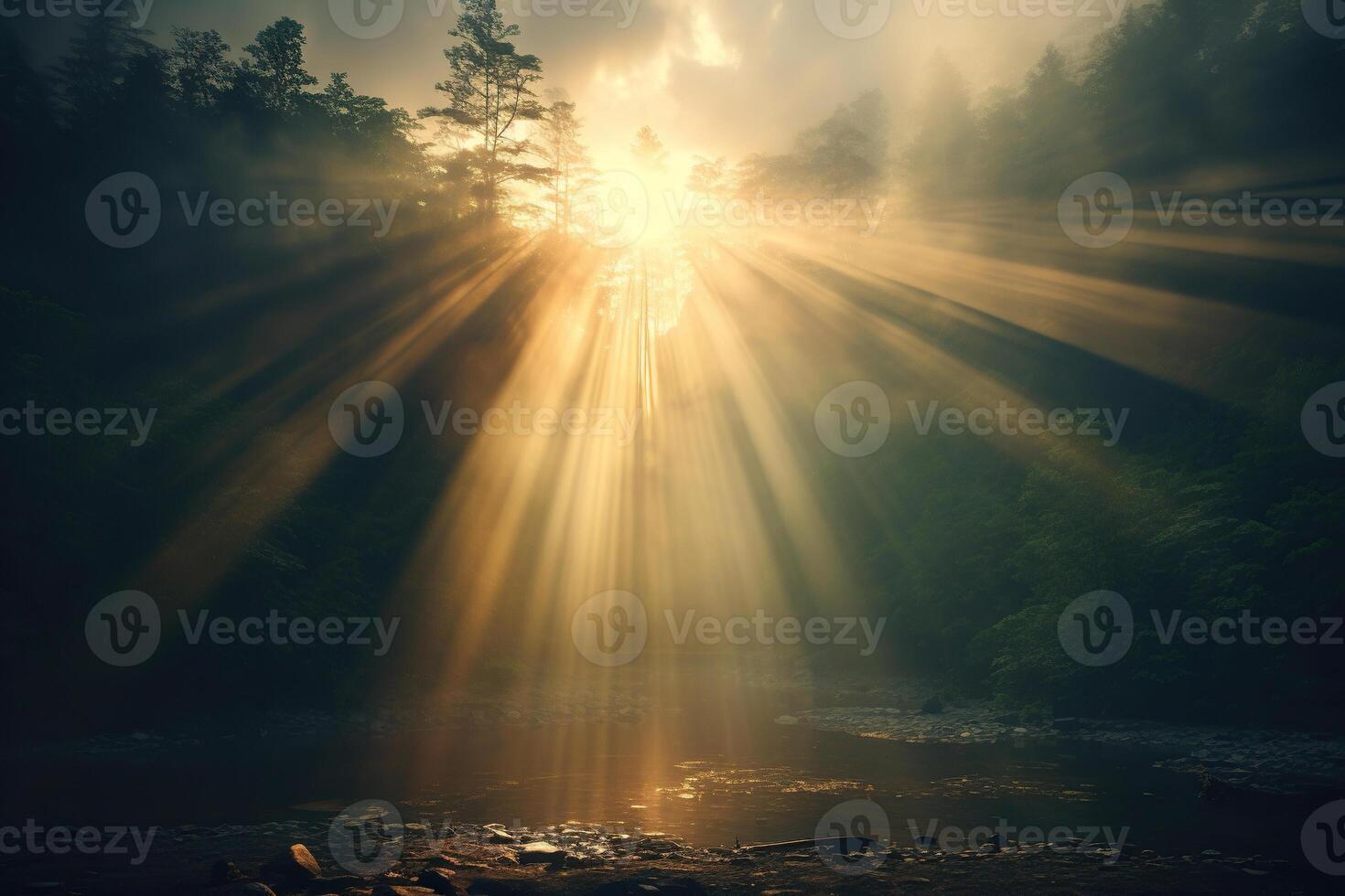 AI generated Bright sun rays shine between the trees in the forest. Generated by artificial intelligence photo