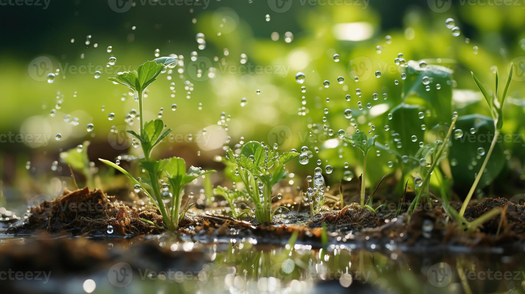 AI generated Green grass on a meadow with drops of water dew in the morning light in spring, summer outdoors. Generated by artificial intelligence photo
