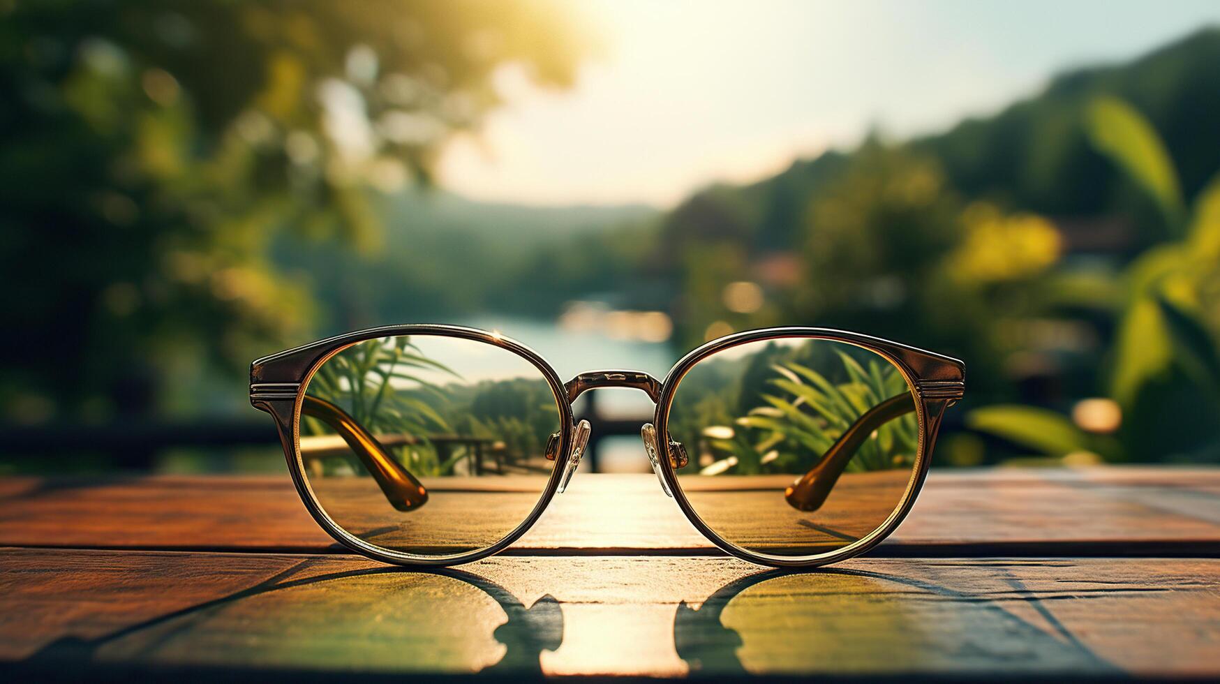 AI generated Glasses on a wooden table or bench in a park against a background of green nature. Generated by artificial intelligence photo