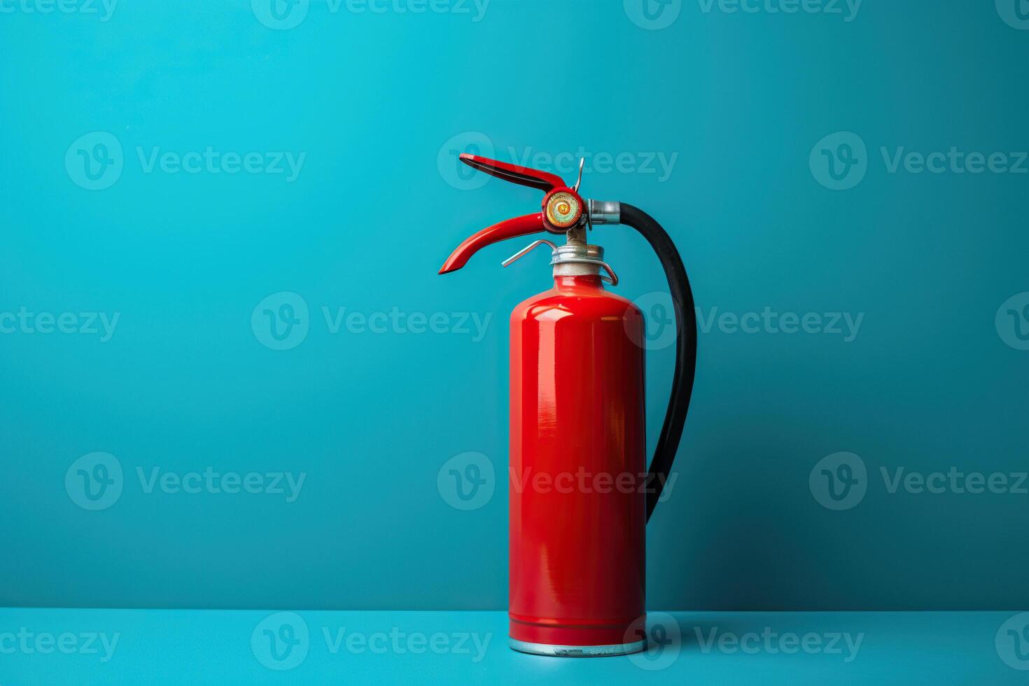 AI generated A red fire extinguisher stands on a blue background, space for text. Generated by artificial intelligence photo