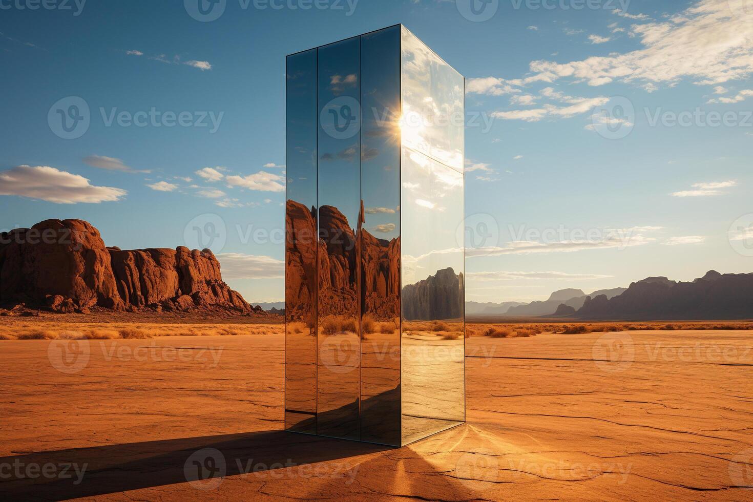 AI generated Large mirror in the desert with reflection. Generated by artificial intelligence photo