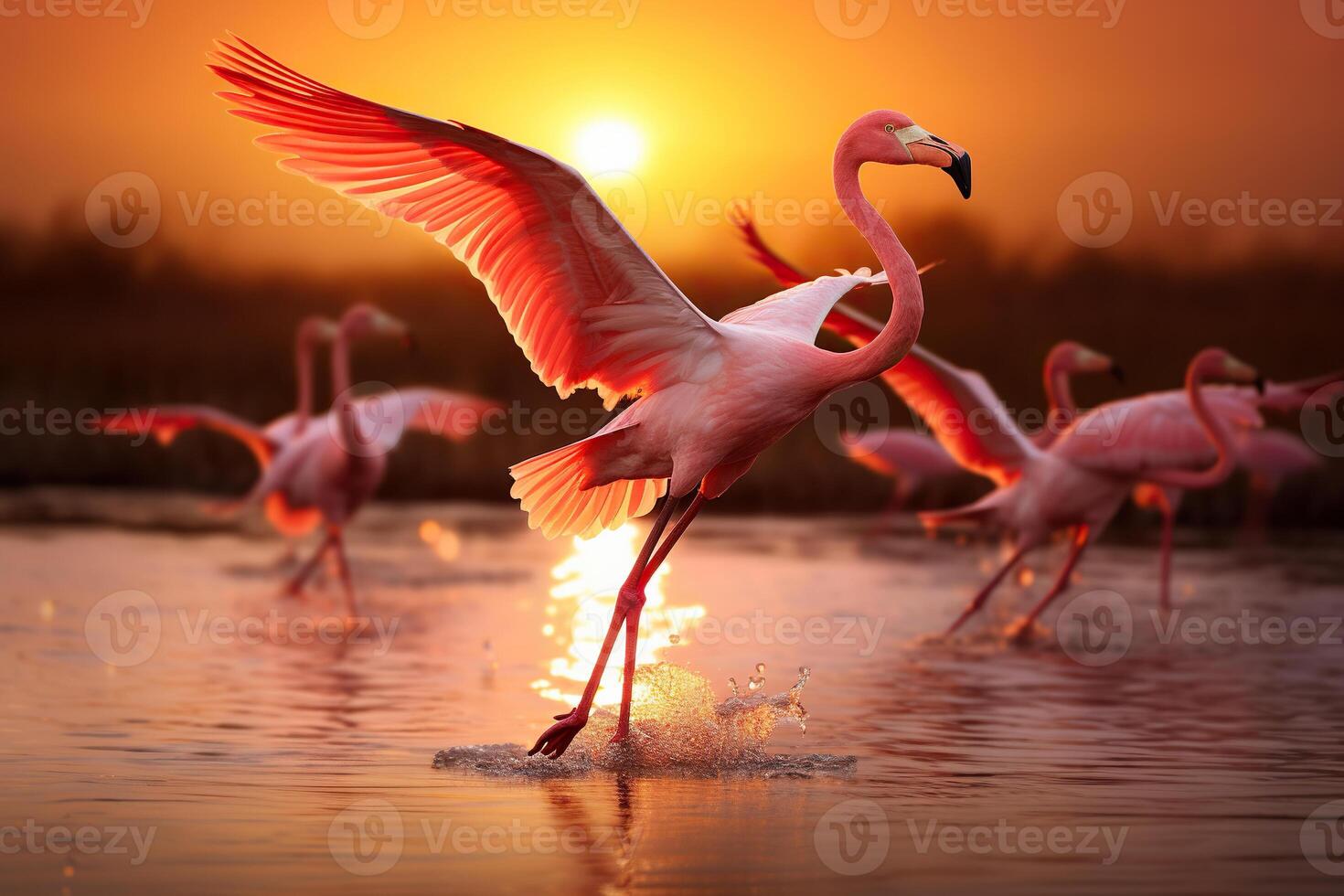 AI generated A flock of pink flamingos flies over the water. Generated by artificial intelligence photo