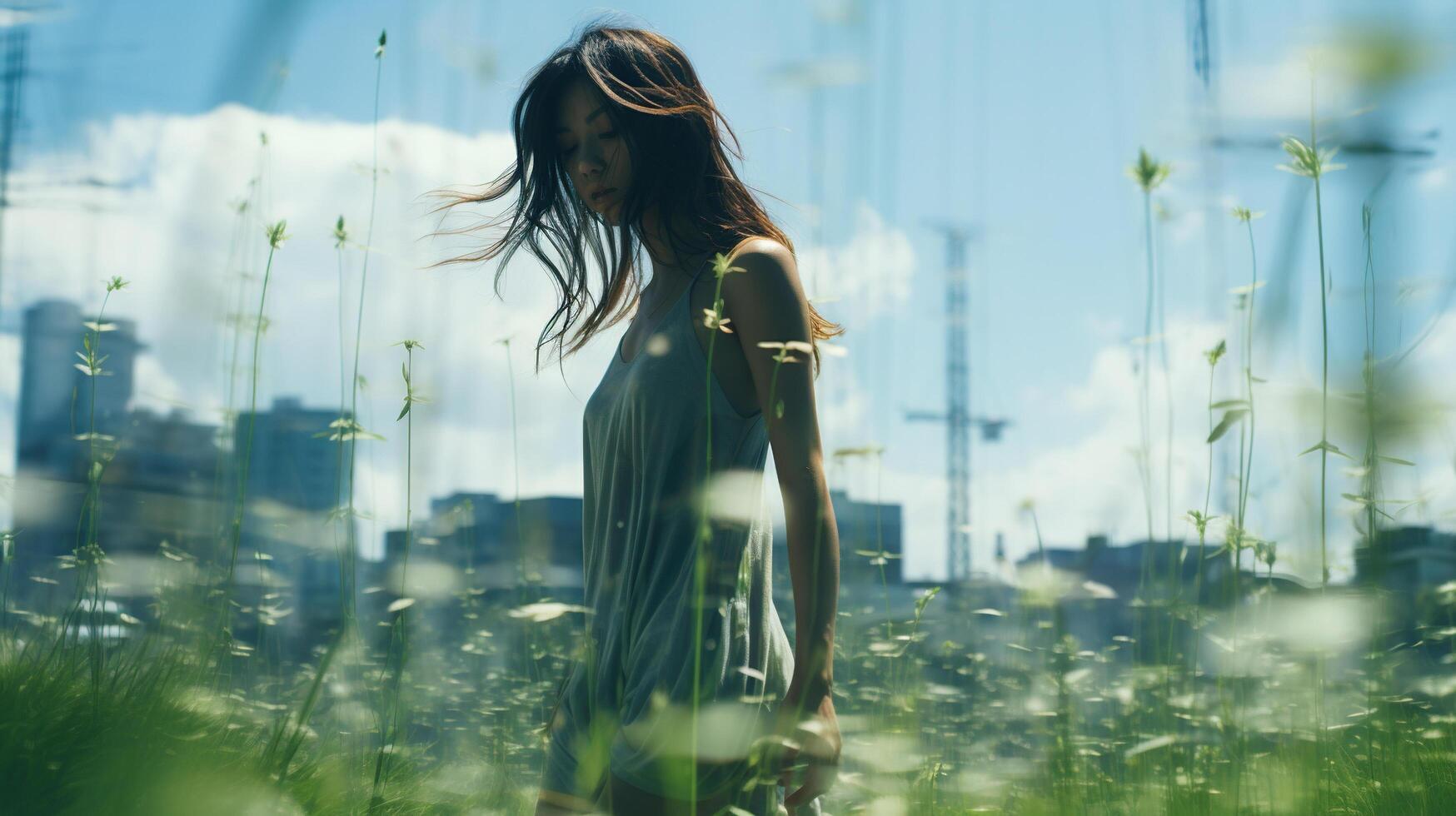 AI generated Side view of a dark-haired girl in a rice field near the city. Generated by artificial intelligence photo