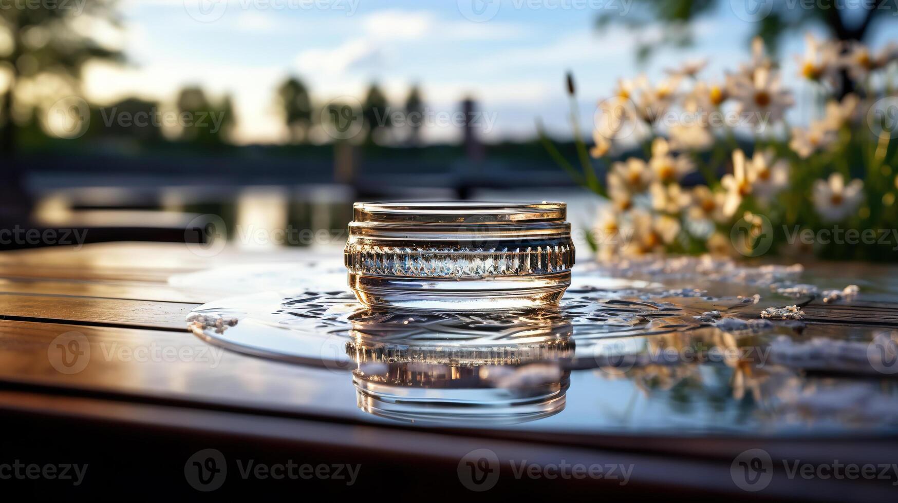AI generated Abstract natural background with glass vessel on wooden tabletop. Generated by artificial intelligence photo