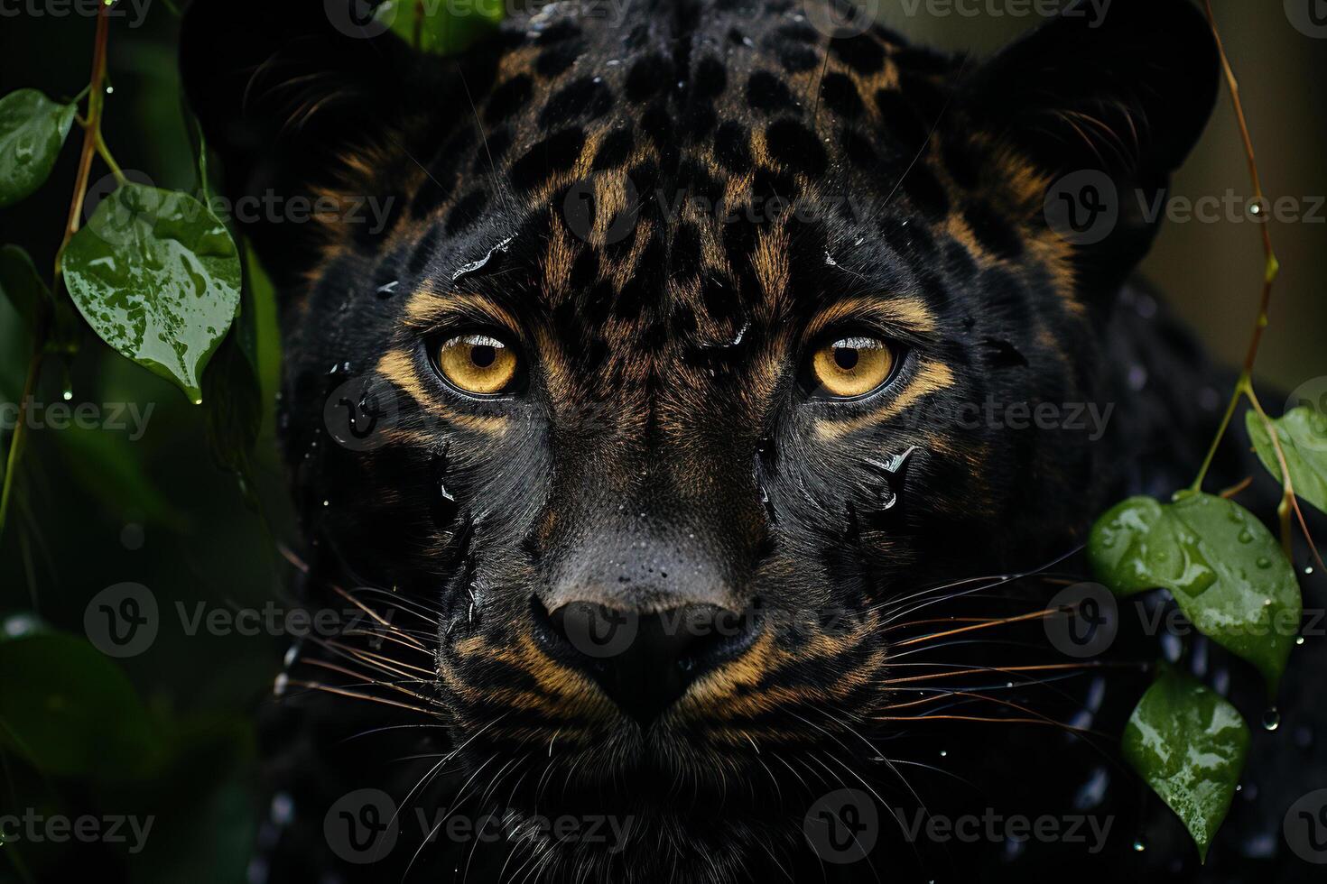 AI generated Portrait of a black panther, leopard with yellow eyes in the jungle. Generated by artificial intelligence photo