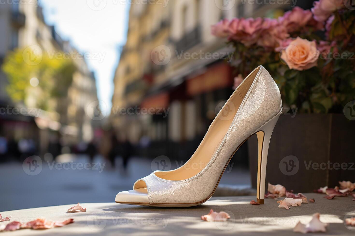 AI generated Beige women's high-heeled shoes a city bokeh background. Generated by artificial intelligence photo