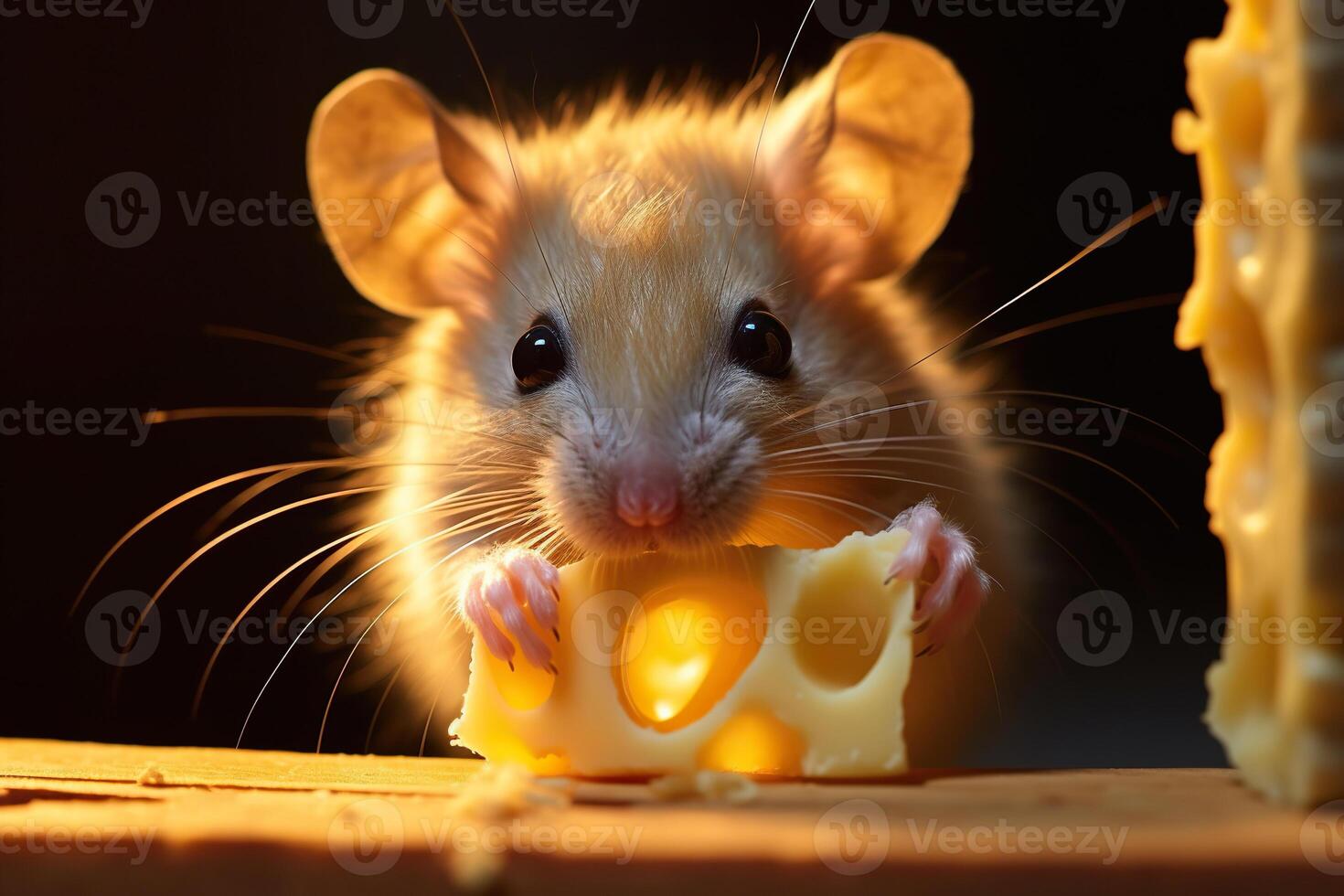 AI generated Little cute mouse eats a big piece of cheese. Generated by artificial intelligence photo
