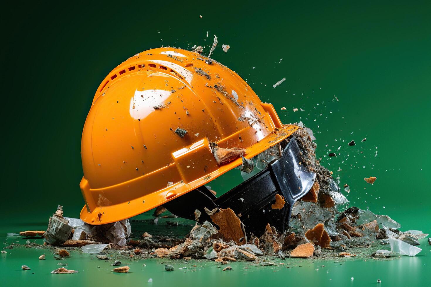 AI generated A whole orange helmet in broken bricks on a green background. Industrial safety concept. Generated by artificial intelligence photo