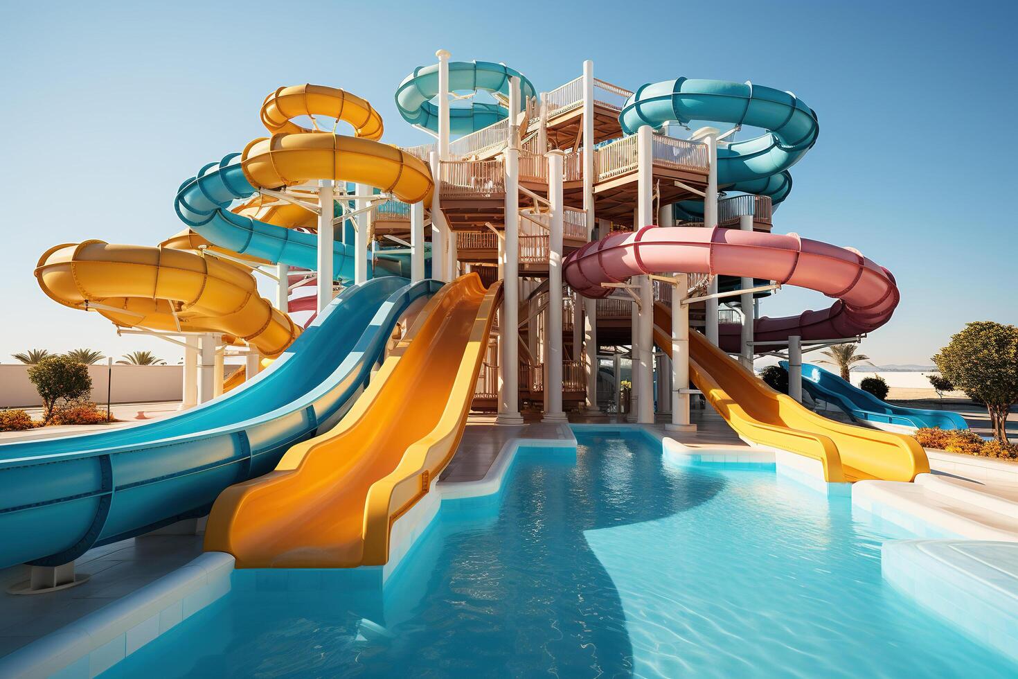 AI generated Water park, bright colorful slides. Water park without people on a summer day with a beautiful blue sky. Generated by artificial intelligence photo