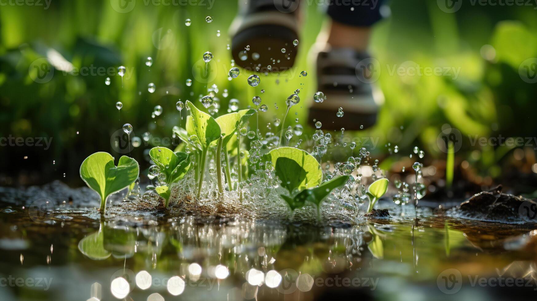 AI generated Green grass on a meadow with drops of water dew in the morning light in spring, summer outdoors. Generated by artificial intelligence photo