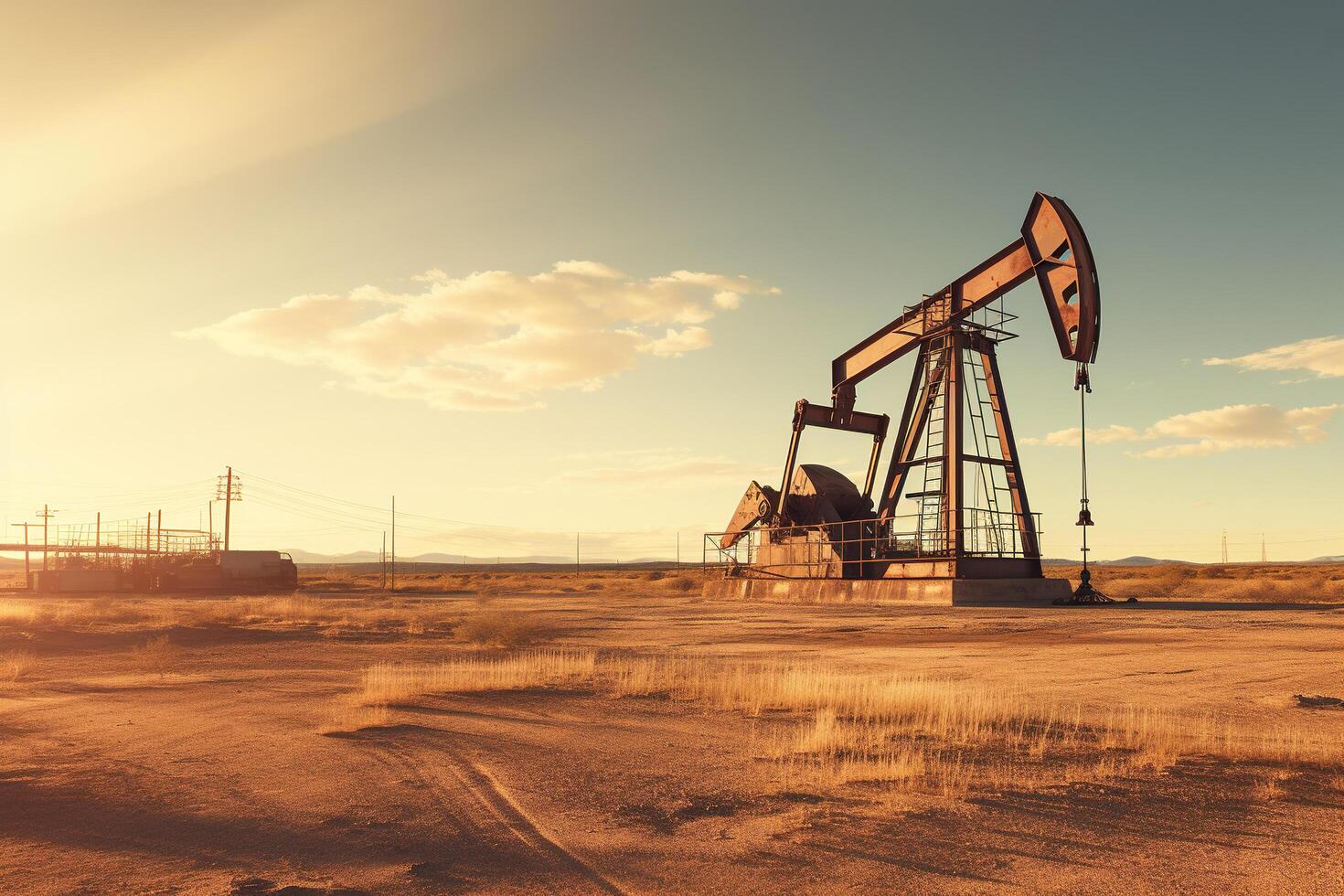 AI generated Abandoned oil pump in a field. Oil industry. Generated by artificial intelligence photo