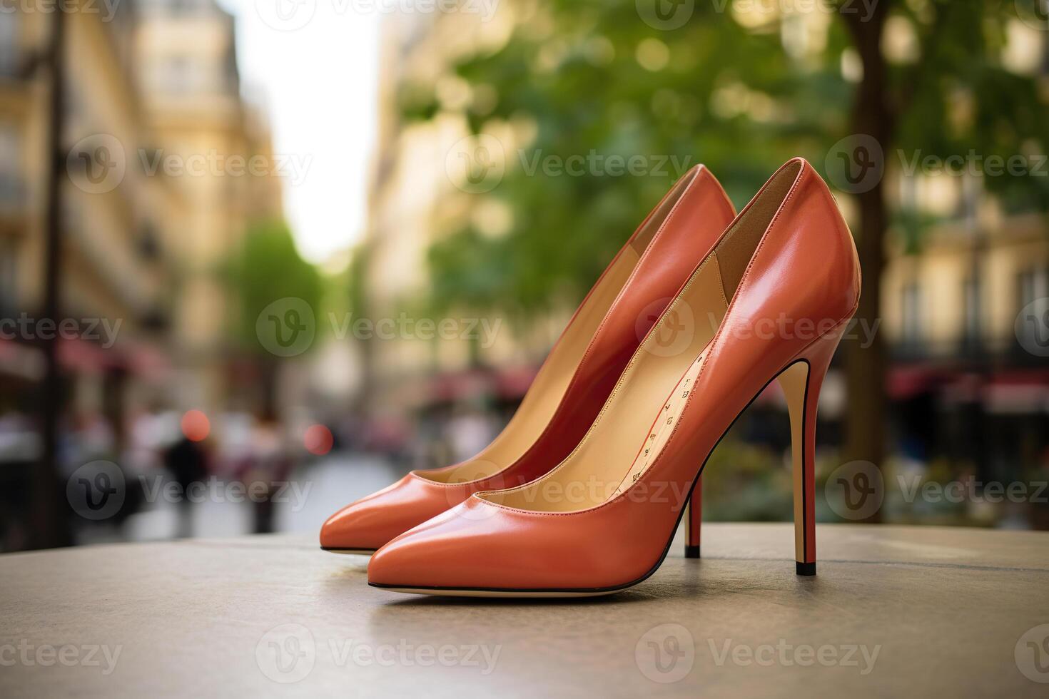 AI generated Elegant red women's high-heeled shoe against a city bokeh background. Generated by artificial intelligence photo