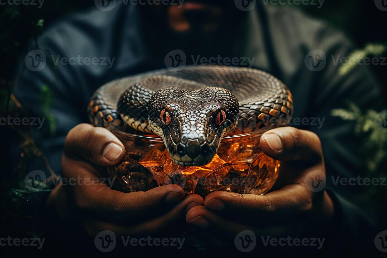 AI generated A snake in a bowl in the hands of a man. Generated by artificial intelligence photo
