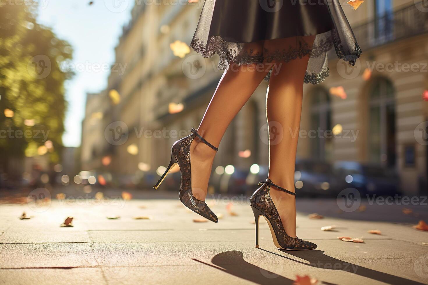 AI generated Slender female legs in high-heeled shoes on a city street. Generated by artificial intelligence photo