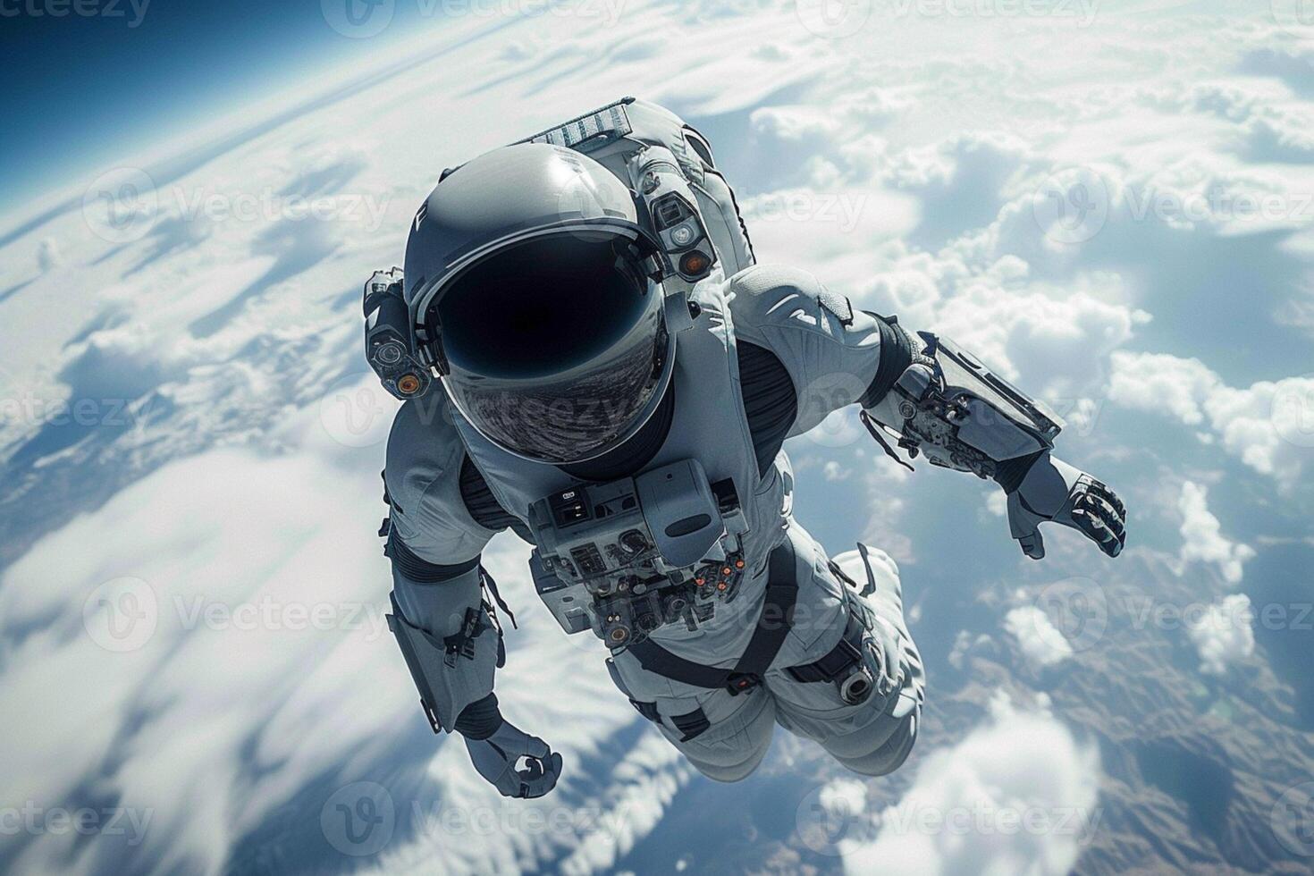 AI generated Adventurous scene futuristic soldier flying high in a blue sky photo