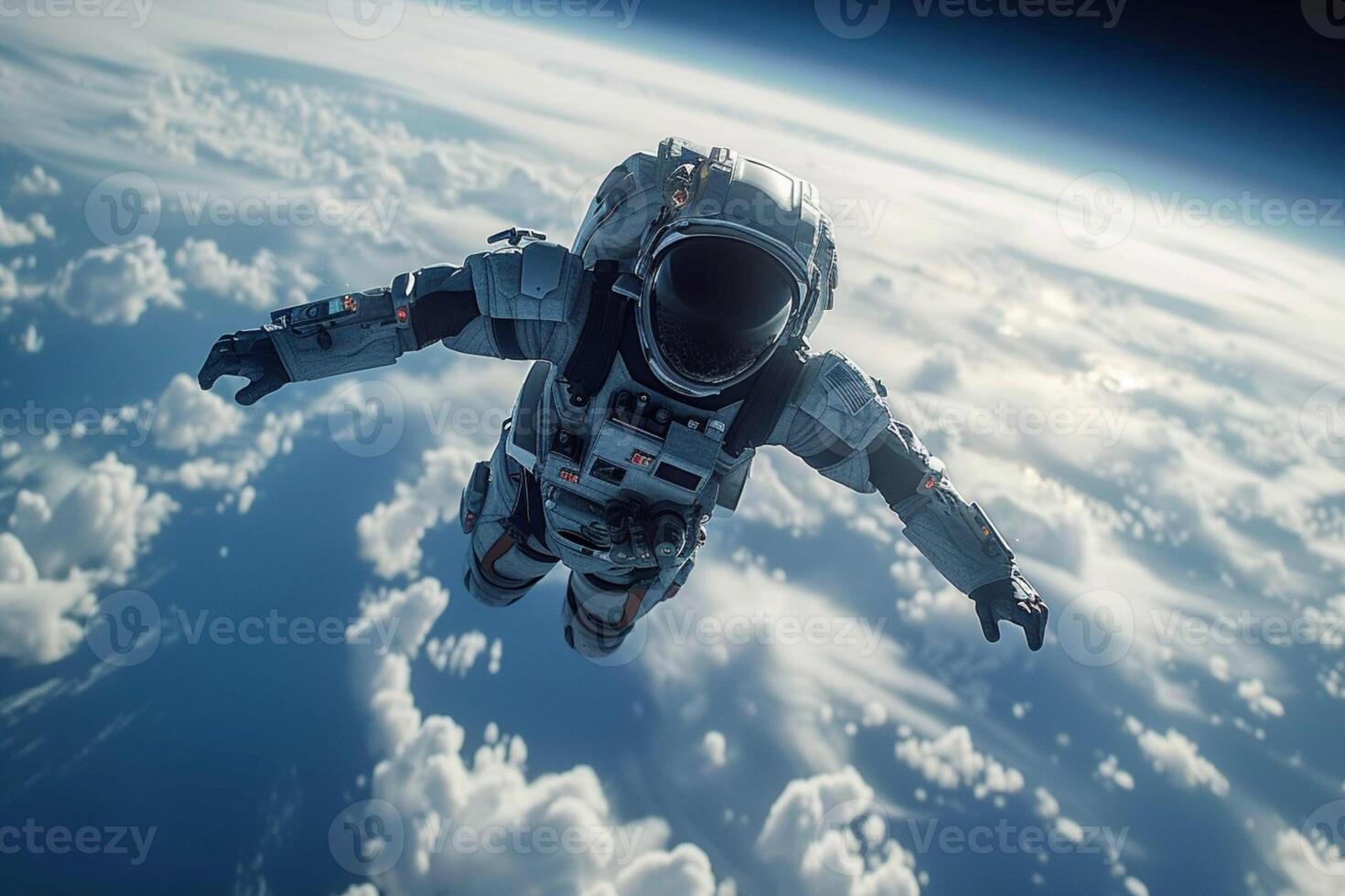 AI generated Adventurous scene futuristic soldier flying high in a blue sky photo