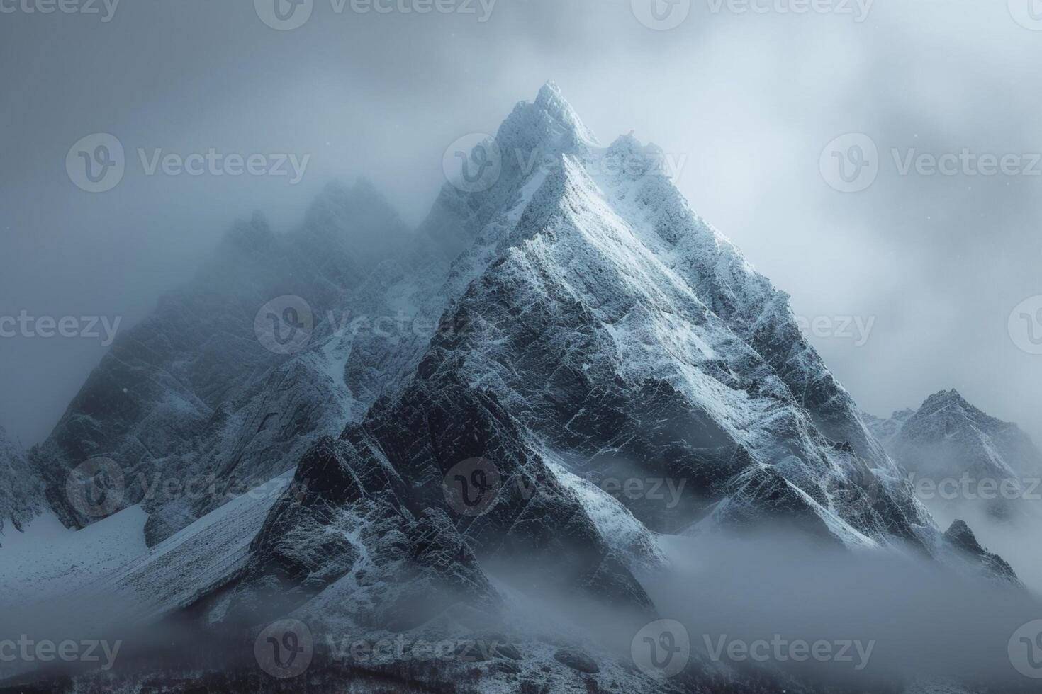 AI generated Snow cloaked mountain stands tall beneath a moody, overcast sky photo