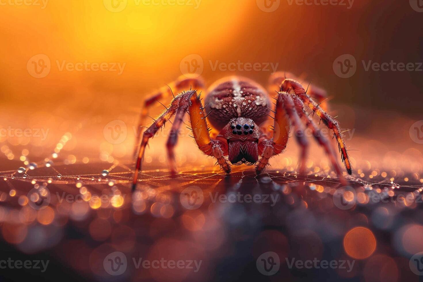 ai generado naturalezas drama araña gatea en un rociado web a puesta de sol foto