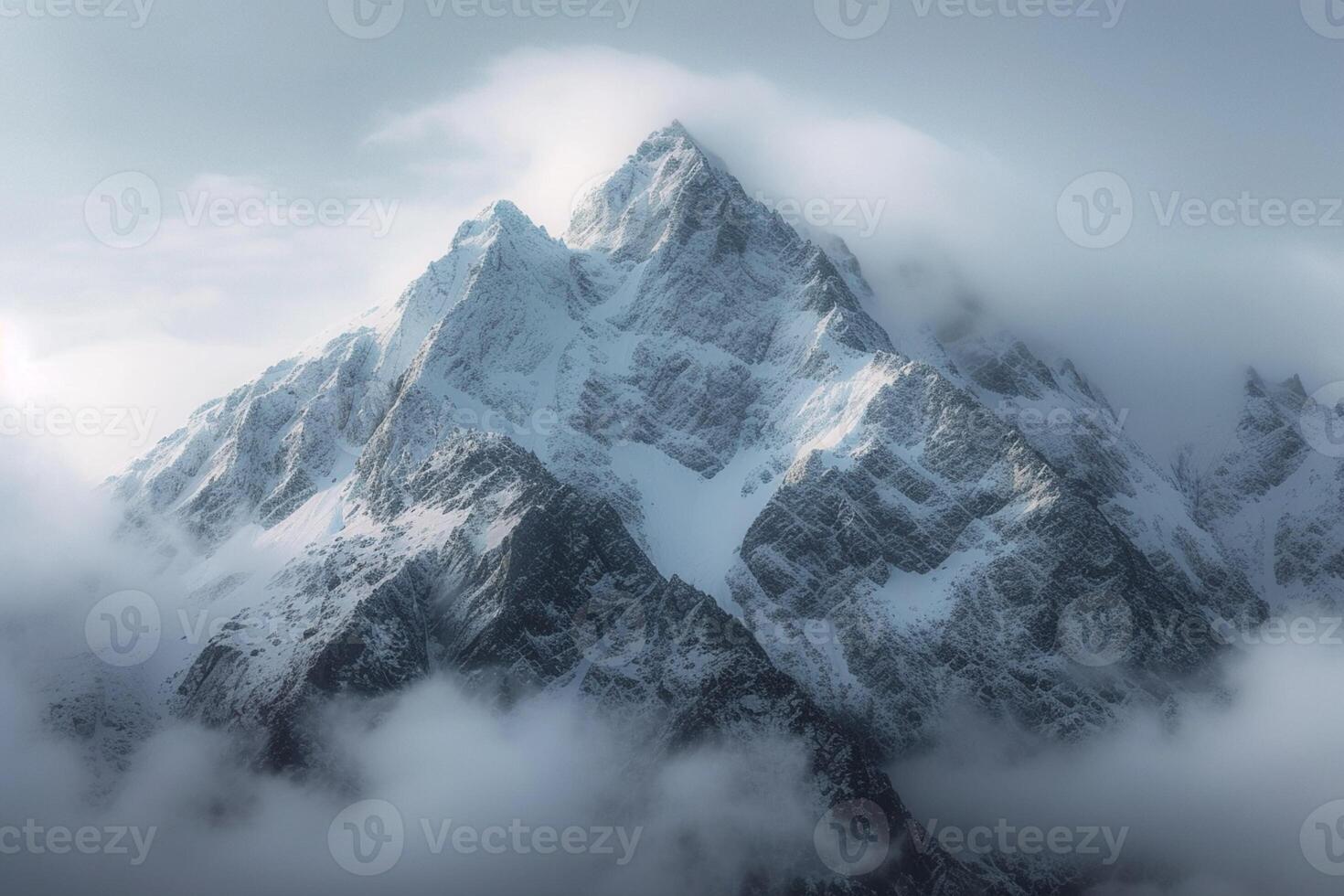 AI generated Majestic snowy mountain peak framed by clouds in a serene landscape photo