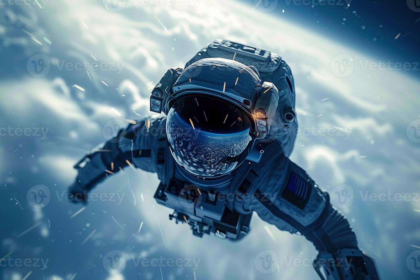 AI generated Extreme adventure as a futuristic soldier takes flight in blue photo