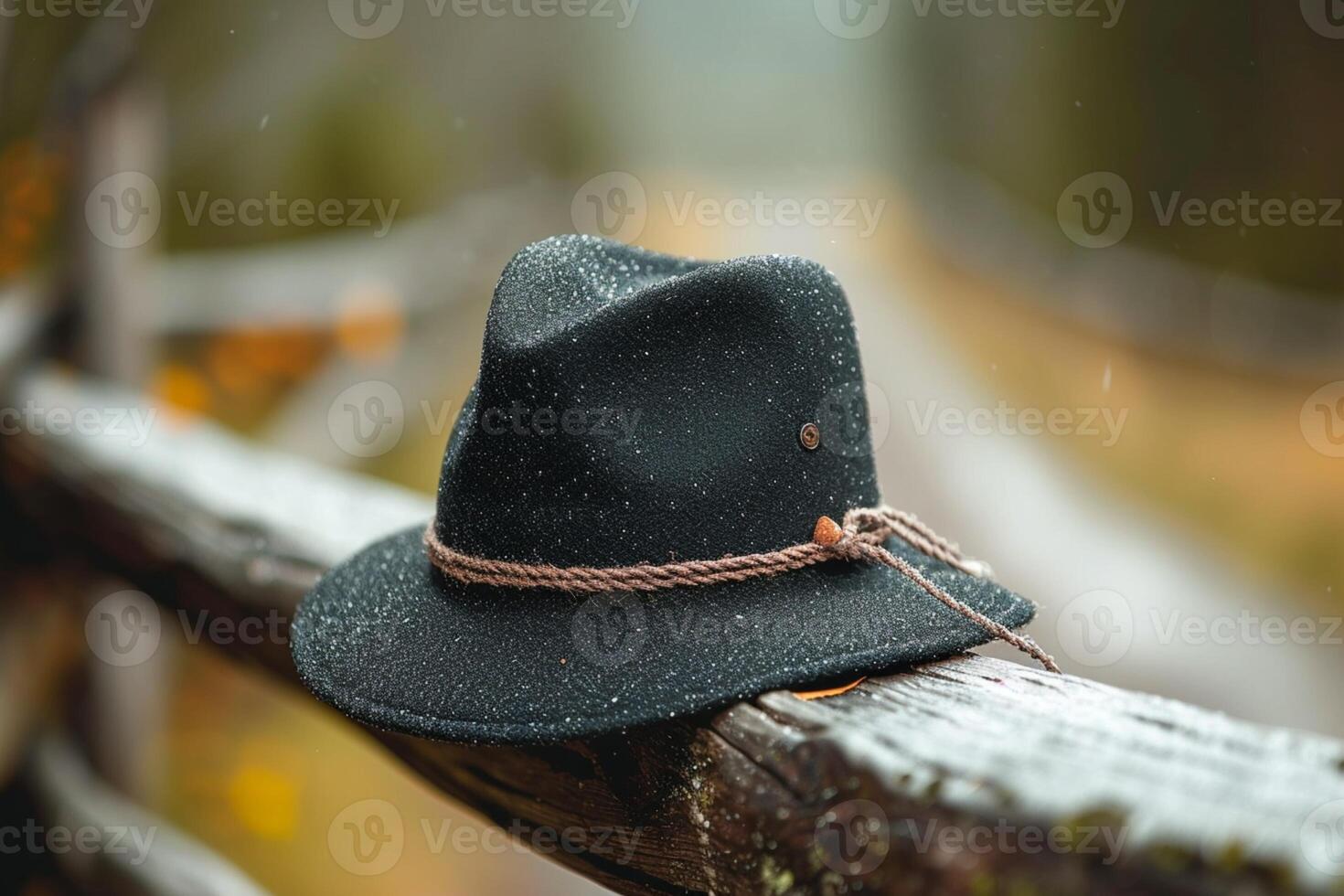 AI generated Classic black hat gracefully placed on a weathered wooden fence photo
