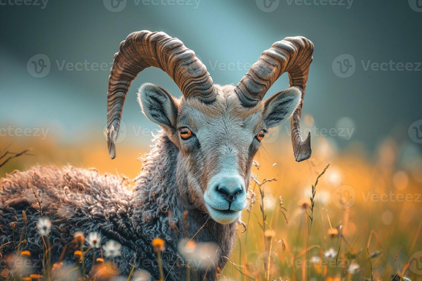 AI generated Graceful gray horned creature in a serene moment on green grass photo