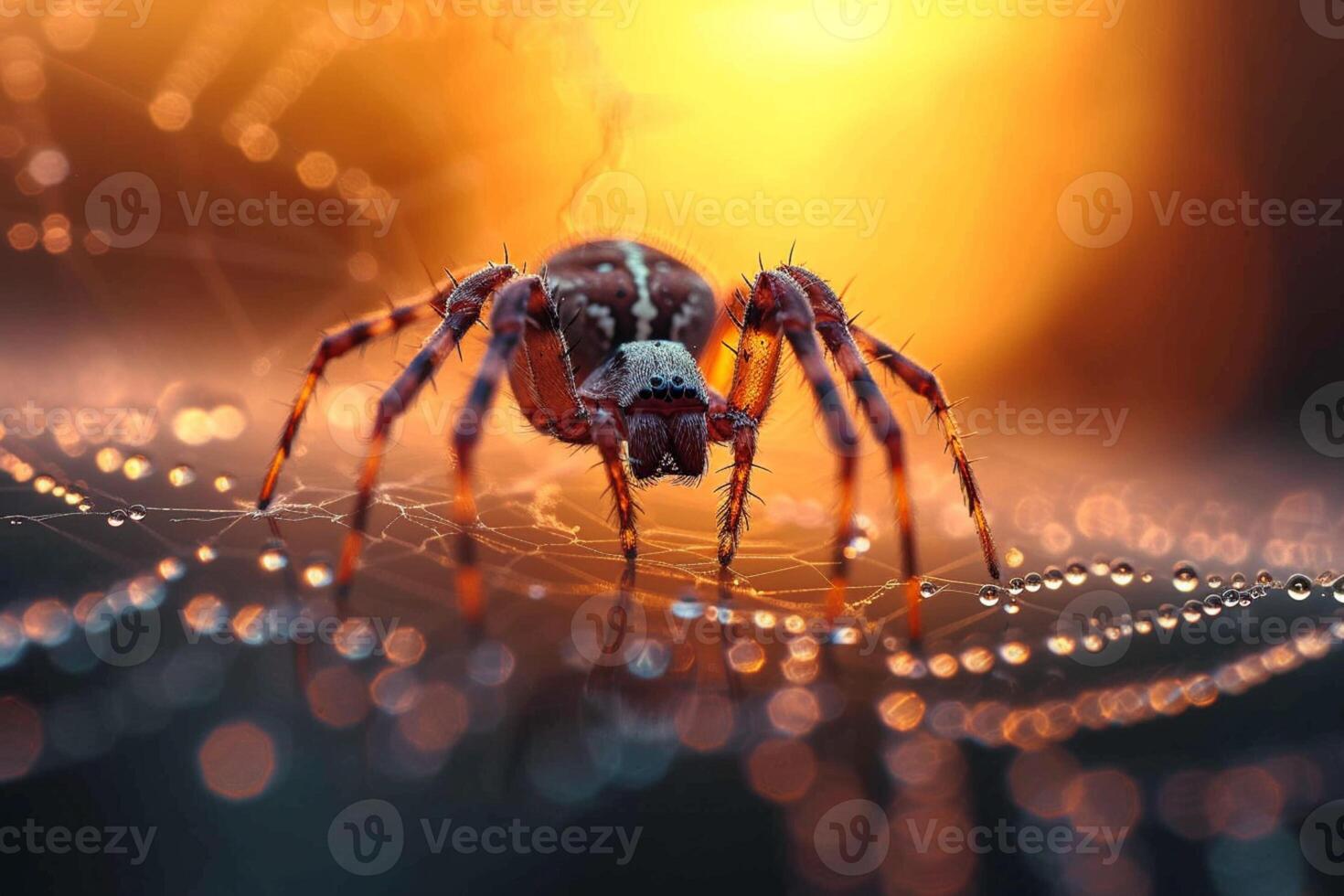 AI generated Spider crawls on a dewy web, silhouetted against a sunset photo