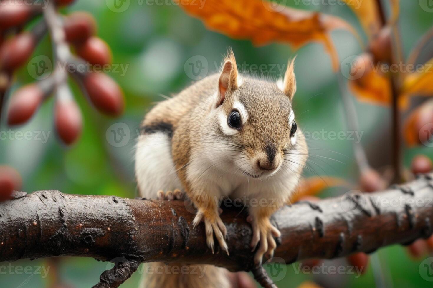 AI generated A charming brown squirrel poses on a tree branch photo