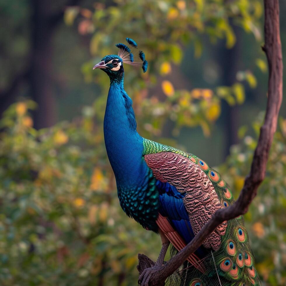 AI generated Natures beauty a peacock displays its grandeur on a tree For Social Media Post Size photo