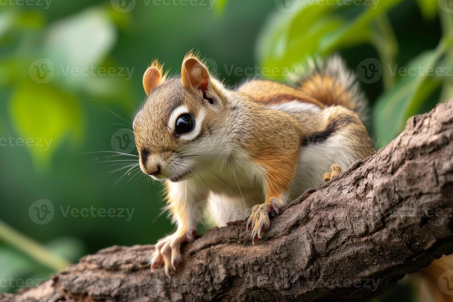 AI generated A charming brown squirrel poses on a tree branch photo
