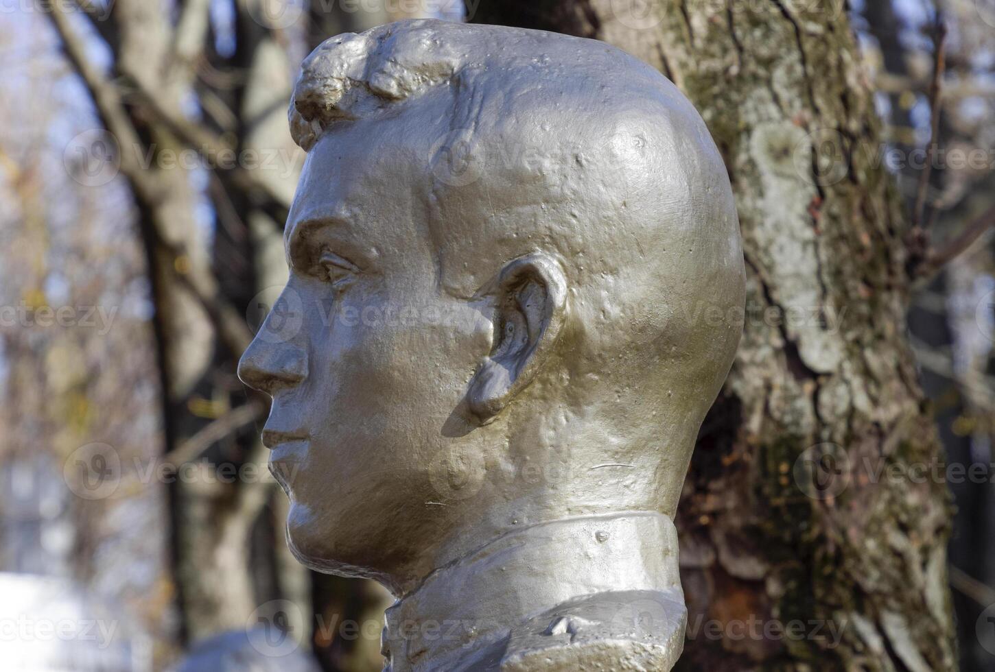 The face of the stone man. Concrete soldier bust covered with pa photo