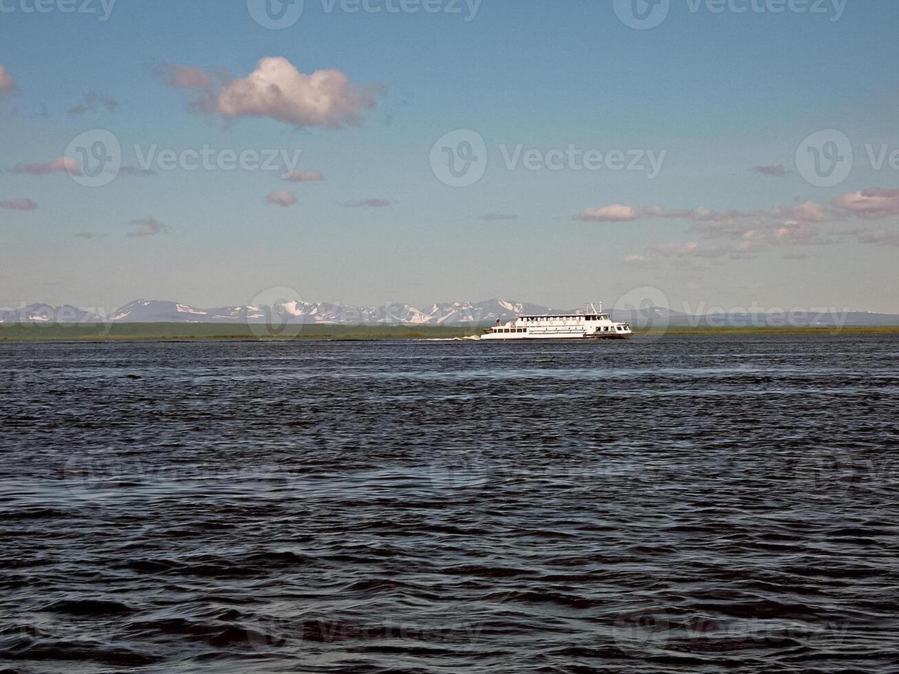 Boats in the river ob. Movement of motor boat transport. photo