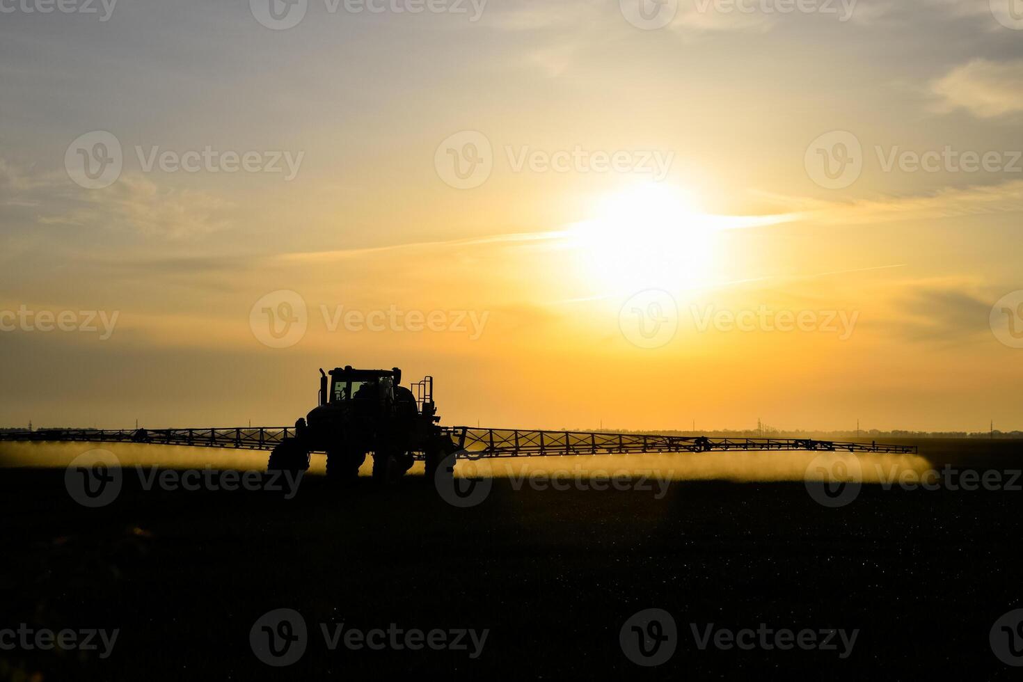 tractor with the help of a sprayer sprays liquid fertilizers on young wheat in the field. photo