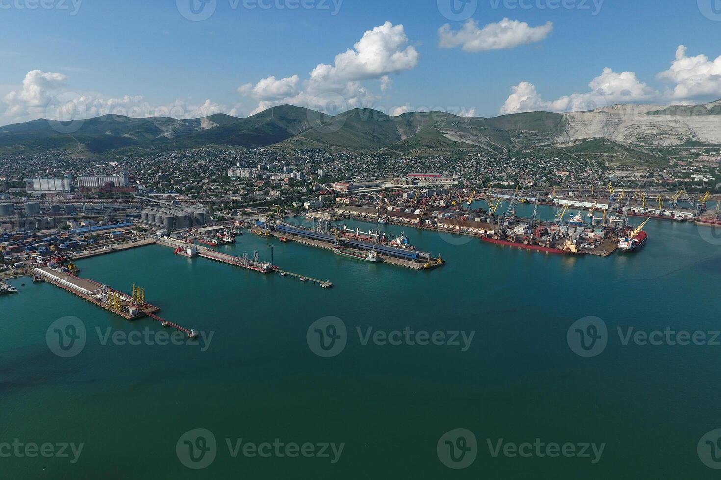 Industrial seaport, top view. Port cranes and cargo ships and barges. photo