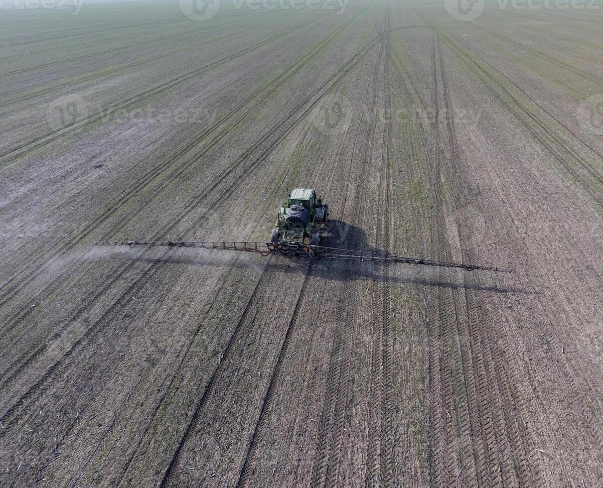 Tractor with hinged system of spraying pesticides. Fertilizing with a tractor, in the form of an aerosol, on the field of winter wheat. photo