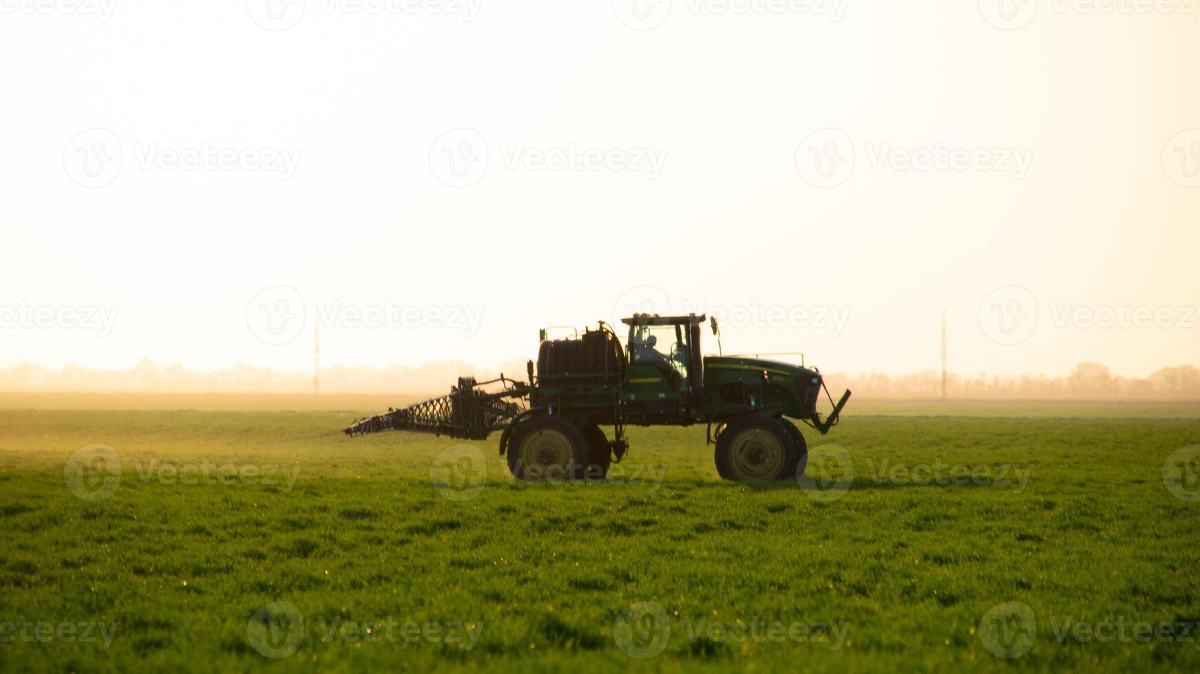 tractor en el puesta de sol antecedentes. tractor con alto ruedas es haciendo fertilizante en joven trigo. foto