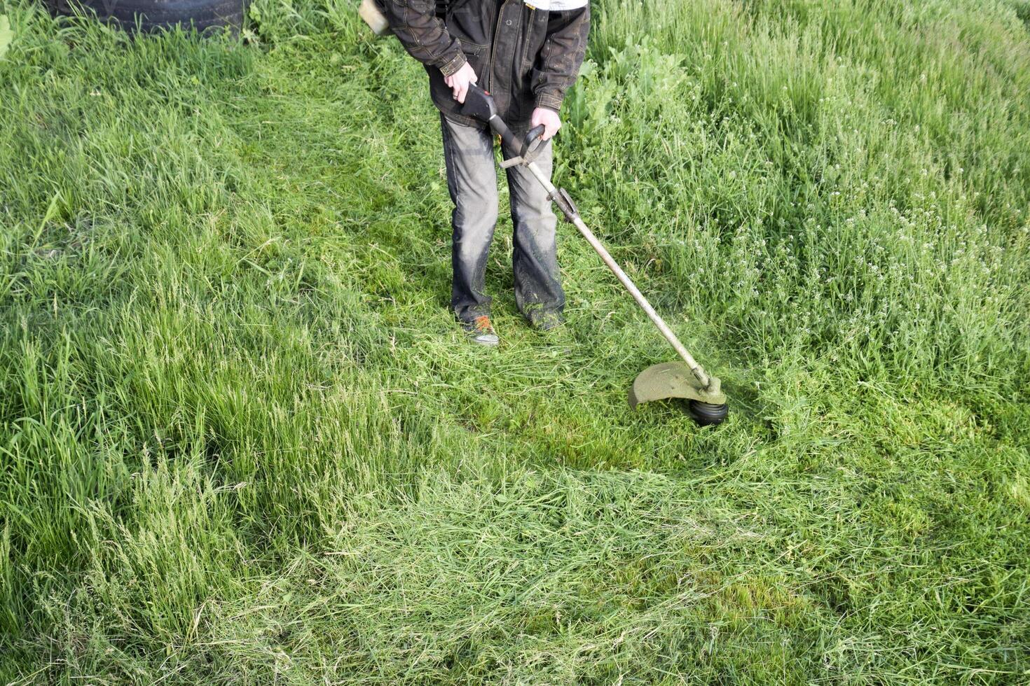 Application trimmers. Mowing green grass using a fishing line trimmer photo